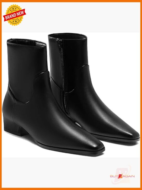 Shoes - Leather Ankle Boots Square Toe Chunky Heel Side Zipper Dressy Fall Shoes